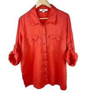 Ecru Blouse Womens Plus Size 18 100% Linen Roll Tab Sleeve Button Front Shirt